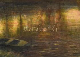 Teőke Andor (1872-): Vízparti naplemente. Olaj, vászon, jelezve balra lent. Dekoratív, kissé sérült ...