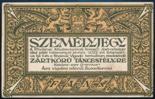 1927 Személyi jegy a Fővárosi Alkalmazottak Nemzeti Szövetsége által a Fővárosi Vigadóban rendezett zártkörű táncestélyre, dekoratív grafikával, hátoldalán ceruzával írt vers, 14,5x9 cm