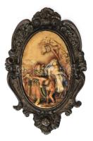 József és Mária a kis Jézussal a szamár hátán. Faragott (feltehetőleg zsírkő) dombormű, dekoratív, historizáló fém keretben, kopásnyomokkal, 11,5x7,5 cm