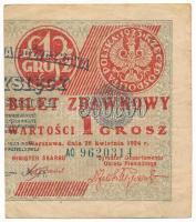 Lengyelország / Pénzügyminisztériumi kiadás 1924. 1gr felülnyomás kettévágott 500.000Zl bankjegy jobb felén T:F Poland / Ministry of Finance 1924. 1 Grosz red overprint with newm denomination and coin on bisected note, right half C:F