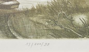 Gaál Domokos (1940-2009): Romantikus táj. Színes rézkarc, papír, jelzett, számozott (13/100/99), üve...