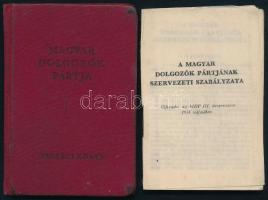 1953 Magyar Dolgozók Pártja tagsági könyv, benne Biszku Béla (1921-2016) kommunista politikus, későbbi belügyminiszter (1957-1961), miniszterelnök-helyettes (1961-1962) autográf aláírásával, bélyegekkel. + 1954 A Magyar Dolgozók Pártjának szervezeti szabályzata. Bp., Szikra-ny., 30 p.