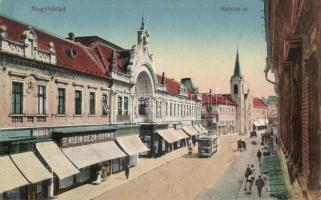 Nagyvárad Rákóczi street with tram and the shops of Barabás, Klein