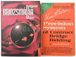 Nagyiván Gábor: Bridzsmánia. hn.,2004, Alfadat Press. Kiadói kartonált papírkötés. + Charles H. Goren presents the Precision System of Contract Bridg Bidding. Edited by. Robert B. Ewen. New York, 1974, Chancellor Hall LTD. Angol nyelven. Kiadói papírkötés, kopott borítóval, címlap sarkán hiánnyal.