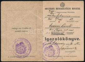 1920 Országos Menekültügyi Hivatal igazolókönyve aradi tanár részére, aki nem tette le a hűségesküt ...
