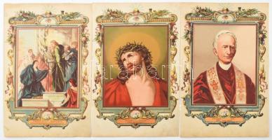 cca 1890-1900 Vallási témájú képek: XIII. Leó pápa, Ecce homo!, Jézus meggyógyítja a beteg asszonyt. 3 db színes litográfia. Kis lapszéli szakadásokkal, foltokkal, 30x20 cm