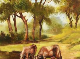 Olvashatatlan (Waldmann József?) jelzéssel: Tehenek a vízparton. Olaj, vászon. Dekoratív, kissé sérü...