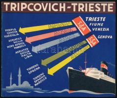 1938 D. Tripcovich kereskedelmi hajózási szolgálat, Trieszt, kihajtható dekoratív reklám, art deco címlappal
