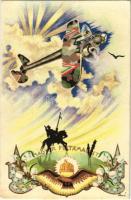 1942 Magyar feltámadást! katonai repülőgép / Hungarian irredenta propaganda art postcard, military aircraft s: Bozó