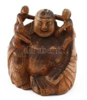 Nevető Buddha faragott fa szobor. Jelzés nélkül, kopással, m: 15 cm