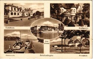 1940 Balatonboglár, Kikötő részlet, vasútállomás, hajó állomás, gőzhajó, Kastély penzió, strandfürdő (EM)