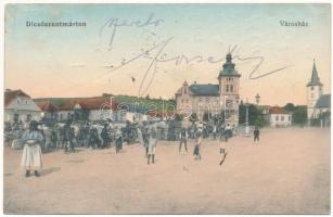 1913 Dicsőszentmárton, Tarnaveni, Diciosanmartin; Városház, piac tér szekerekkel. Weiszburg tőzsde kiadása / town hall, square with carts