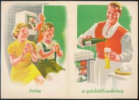 cca 1940 Dekoratív képes gázhűtőszekrény reklámja, szép állapotban, 4p