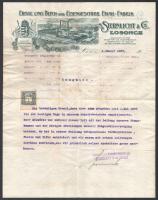 1907 Losonc (Felvidék), Első Magyar Bádog- és Zománcedénygyár fametszetes dekoratív levélpapírjára írt német nyelvű alkalmazotti tanúsítvány okmánybélyeggel, hajtva