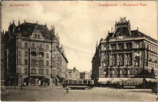 1911 Budapest V. Országház tér, Vécsey utca, villamos, kávéház. Szabó Sándor kiadása (fa)