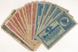 15db-os gyenge tartású korona bankjegy tétel, közte 1920. 1K (5x) + 2K (9x) + 20K T:F-G közte szakadás, folt, anyaghiány