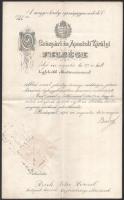 1915 Dekoratív járásbírói kinevezés Balogh Jenő (1864-1953) igazságügy-miniszter saját kezű aláírásával, szárazpecséttel, budapesti királyi törvényszéki eskütételi igazolással, hajtva, jó állapotban