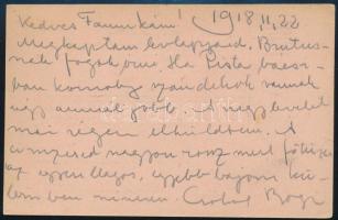 1918 Czóbel Borbéla Czóbel Béla (1883-1976) festőművész lányának autográf képeslapja Kézdi-Kovács Lenkéhez, Kézdi-Kovács László (1864-1942) festőművész, műkritikus lányához.
