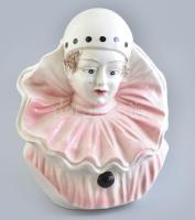 Harlekin bohóc jelzés nélküli kézzel festett porcelán szobor, kis lepattanással, 35 cm