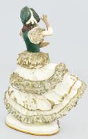 Antik német táncosnő figura, kézzel festett, jelzéssel, sérült, m: 25,5 cm