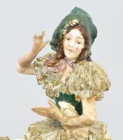 Antik német táncosnő figura, kézzel festett, jelzéssel, sérült, m: 25,5 cm