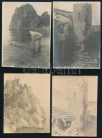 cca 1917 Háborús károk és pusztítás a duinoi kastélynál, Olaszországban, meztelen katona a kastély alatti tengeröbölben, 7 db fotó hátoldalon feliratozva, 9×8 és 11,5×8,5 cm közötti méretekben