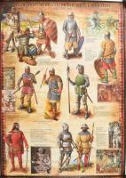 2 db román történelmi poszter (középkori harcosok, lovagok, fejedelmek), színes illusztrációkkal, román nyelven, feltekerve, 68x48 cm körül / Romanian historical posters (Medieval warriors, knights, lords), 2 pcs, in Romanian language