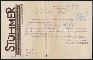 1929 - Stühmer Kakaó, Csokoládé és Cukorárugyár - Üzleti levél