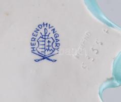 Herendi porcelán béka levélen, 1939. Kézzel festett, jelzett, levél végén pattanással, 7,5x6,5x4 cm
