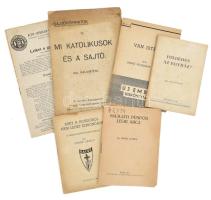 6 db régi vallási témájú kiadvány: Erőss Alfréd: Majláth püspök lelki arca. Arad, 1940, "Vasárnap". 39p. + Eglis István: Lelket a gyárakba. Bp., é.n. (1945-47 k.), Actio Catholica. 12p. + Radó Polikárp: Van Isten! Bp., 1946, Új ember kiskönyvtára. 16p. + Kálvintéri: Mi katolikusok és a sajtó. Bp., é.n. Katolikus Sajtóegyesület Fövárosi Hölgybizottságánal kiadása. stb. Kiadói papírkötés, részben kissé foltos.