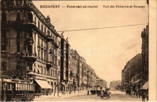 Budapest XI. Fehérvári út eleje (ma Bartók Béla út) - Gellért tér sarok, Wellisch Sándor és Gyula bérháza, villamos, vendéglő. Fellner Mór kiadása