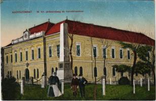 Nagyszombat, Tyrnau, Trnava; Honvéd szobor és Kir. Járásbíróság. Vasúti levelezőlapárusítás / military heroes monument, district court