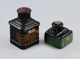 2 db antik tintásüveg, címkékkel, kopással, m: 5-9 cm