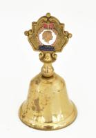 1953 Elizabeth II Coronation (II. Erzsébet brit királynő koronázása) emlék csengő, réz, zománc díszítéssel, jelzett (Made in England), kissé kopott, m: 10 cm / Queen Elizabeth II Coronation commemorative brass bell, with slight wear