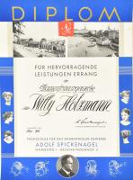 1936 Hamburg, fodrász diploma, art deco és a hamburgi részletek fotó illusztrációival, sarkaiban kisebb törésnyomokkal, 58×47 cm