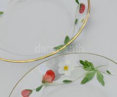 Üveg kompótos készlet, kézzel festett szamócás-virágos mintával, 1 db tál + 6 db tányér, d: 14 - 24 ...