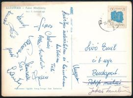 cca 1958 Az MTK bajnok labdarúgócsapatának tagjainak autográf aláírással ellátott képeslapja Sipos, Lantos,Szimcsák , Laczkó, Gellér, , stb / Autograph signed postcard of the Hungarian Champion MTK football team