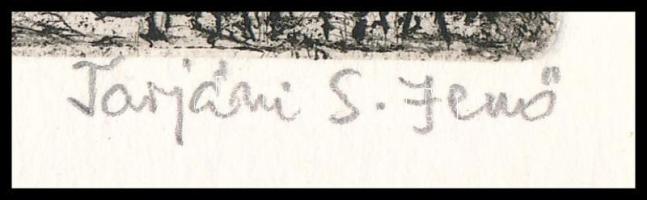 Tarjáni Simkovits Jenő (1895-1995): Kis házak. Rézkarc, papír, jelzett. Paszpartuban. 4×7,5 cm