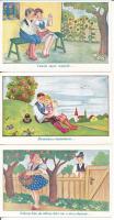 3 db RÉGI magyar népviseletes folklór művészlap: nótás grafika, népdalok / 3 pre-1945 Hungarian folklore art postcards: folk songs