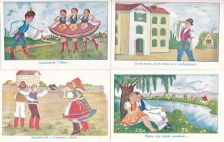 4 db RÉGI magyar népviseletes folklór művészlap: nótás grafika, népdalok / 4 pre-1945 Hungarian folklore art postcards: folk songs