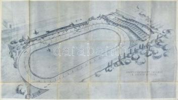 1941 Az 1933-ban megnyitott kerepesi úti ügető (BÜE) tribün átalakításának teljes távlati terve. Nagy méretű a tervező: ifj. Paulheim Ferenc jelzett.120x73 cm