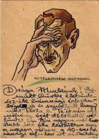 1948 Kitelepítési gondnok Schima Bandi győri iparművész által írt és rajzolt képes levelezőlap (EK)