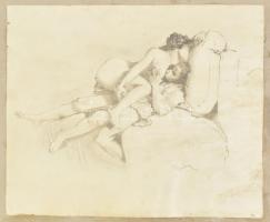 Olvashatatlan jelzéssel: Erotikus jelenet. Ceruza, papír, kartonra ragasztva, foltos, 22x32,5 cm.