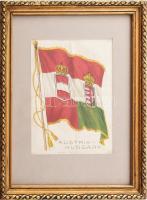 cca 1910 Az Osztrák-Magyar Monarchia zászlaja, Nebo cigaretta selyem gyűjtőkép, paszpartuban, dekoratív üvegezett fakeretben, látható méret: 15,5x11,5 cm, keret: 26,5x20,5 cm / cca 1910 Flag of Austria-Hungary, Nebo Cigarette collectible silk picture, framed