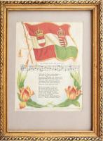 cca 1910 Az Osztrák-Magyar Monarchia zászlaja és himnusza, Nebo cigaretta selyem gyűjtőkép, paszpartuban, dekoratív üvegezett fakeretben, látható méret: 17x13,5 cm, keret: 26,5x20,5 cm / cca 1910 Flag and national hymn of Austria-Hungary, Nebo Cigarette collectible silk picture, framed