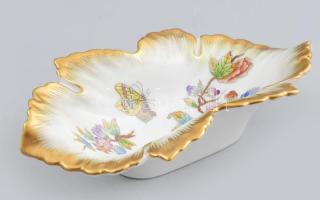 Herendi porcelán Viktória mintás leveles tálka, kézzel festett, jelzett, hibátlan, 15×8,5 cm