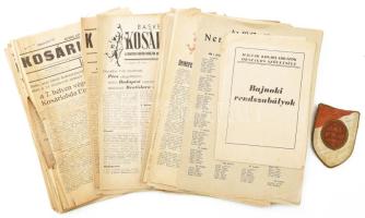 1947-1948 Kosárlabda tétel: Kosárlabda, a Magyar Kosárlabdázók Országos Szövetsége hivatalos lapja 34 db száma + Bajnoki rendszabályok; Az 1947-48. évi Nemzeti Bajnokság sorsolása; Heti kosárlabdaműsor + Játékvezetői felvarró. Vegyes állapotban.