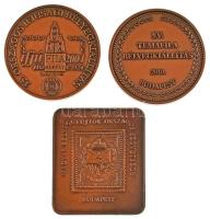 1990. Magyar Bélyeggyűjtők Országos Szövetsége - Budapest / Bélyegkiállítás 2kr-os, levélboríték rajzú bélyeget ábrázoló bronz plakett, gravírozva IX. Tematikus 1990 (40,5x46,5mm) + 2004. 35. Országos Ifjúsági Bélyegkiállítás - ifjúFila 2004 - Jászberény X. 22-24. / Jászberény város kétoldalas bronz emlékérem (42,5mm) + 2010. XV. TemaFila Bélyegkiállítás 2010. Budapest / Magyar Bélyeggyűjtők Országos Szövetsége Budapest kétoldalas bronz emlékérem (42,5mm) C:AU