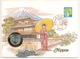 Japán 1981. 100Y Cu-Ni felbélyegzett borítékban, bélyegzéssel, német nyelvű leírással T:UNC Japan 1981. 100 Yen Cu-Ni in envelope with stamp and cancellation and german language description C:UNC