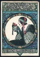 Faragó Géza (1877-1928): Ex libris Lipótvárosi Társaskör, 1913 (színes szecessziós klisgrafika). Klisé, papír, jelzett a klisén, 9x6 cm